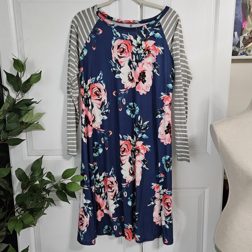 Floral Navy and Gray Striped Women's Dress